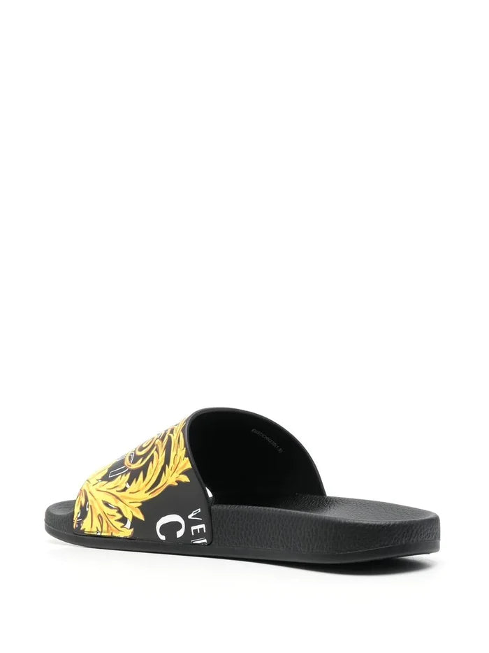 VERSACE WOMEN Baroque Logo Print Sliders Black/Gold - MAISONDEFASHION.COM