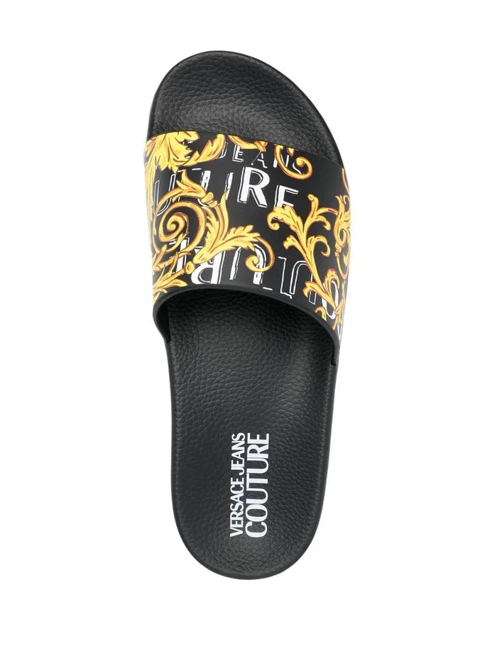 VERSACE WOMEN Baroque Logo Print Sliders Black/Gold - MAISONDEFASHION.COM