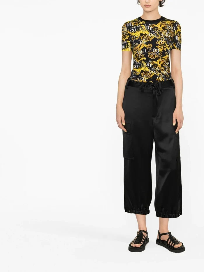 VERSACE WOMEN Baroque Print Cotton T-Shirt Black/Gold - MAISONDEFASHION.COM