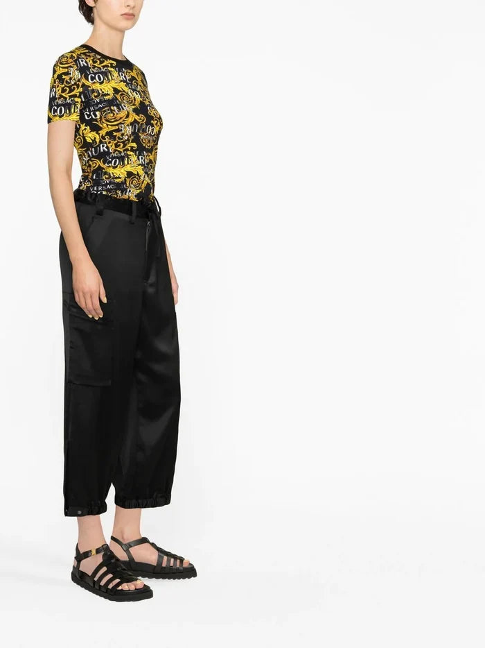 VERSACE WOMEN Baroque Print Cotton T-Shirt Black/Gold - MAISONDEFASHION.COM