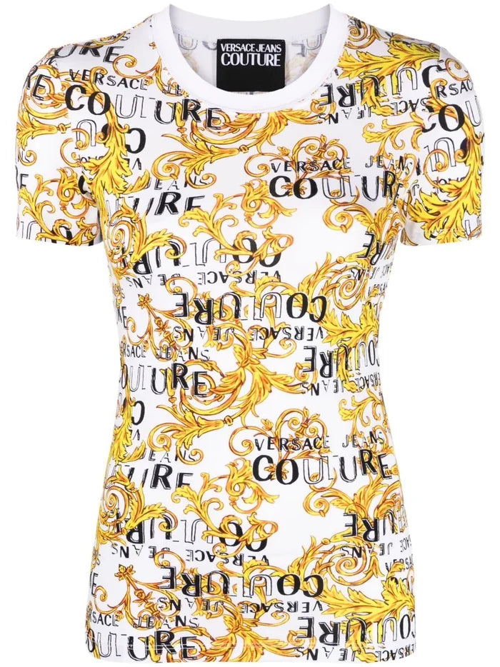 VERSACE WOMEN Baroque Print Cotton T-Shirt White/Gold - MAISONDEFASHION.COM