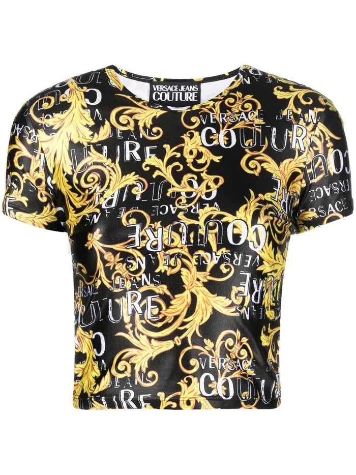 VERSACE WOMEN Baroque Print Cropped T-Shirt Black/Gold - MAISONDEFASHION.COM