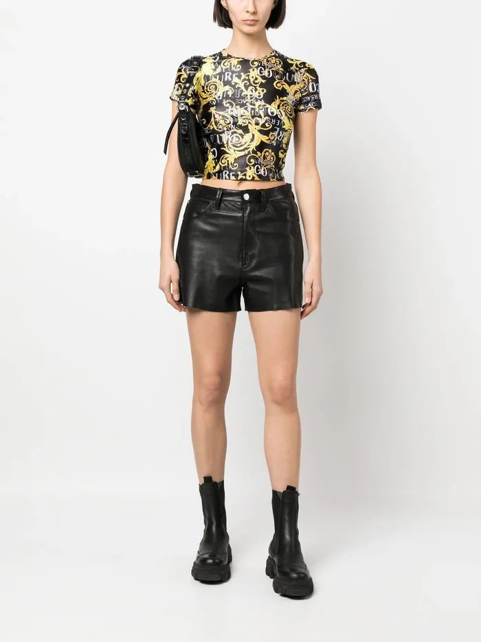 VERSACE WOMEN Baroque Print Cropped T-Shirt Black/Gold - MAISONDEFASHION.COM