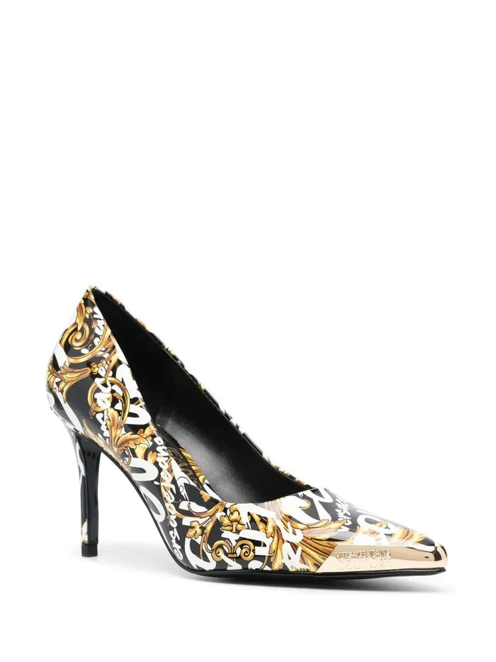 VERSACE WOMEN Baroque Print Heels Black/Gold - MAISONDEFASHION.COM