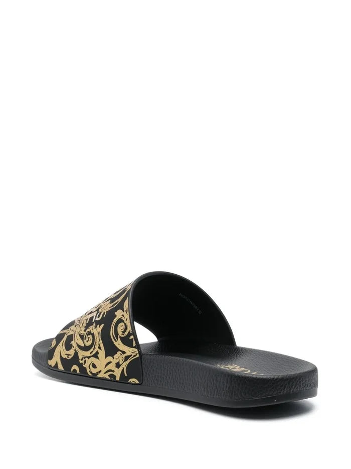 VERSACE WOMEN Baroque Print Sliders Black/Gold - MAISONDEFASHION.COM