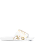 VERSACE WOMEN Baroque Print Sliders White/Gold - MAISONDEFASHION.COM