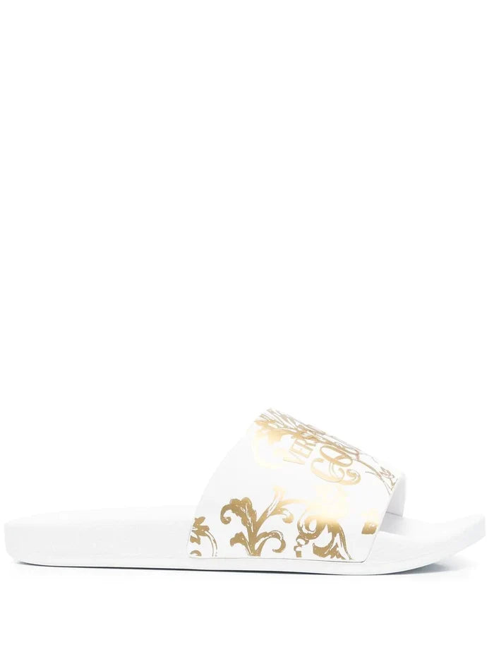 VERSACE WOMEN Baroque Print Sliders White/Gold - MAISONDEFASHION.COM