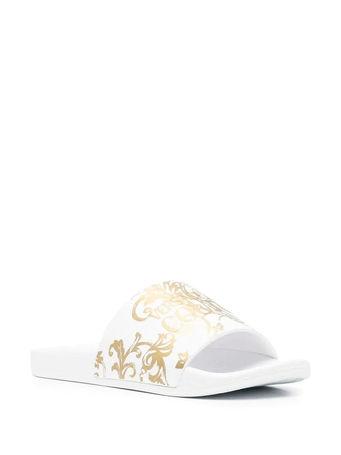 VERSACE WOMEN Baroque Print Sliders White/Gold - MAISONDEFASHION.COM