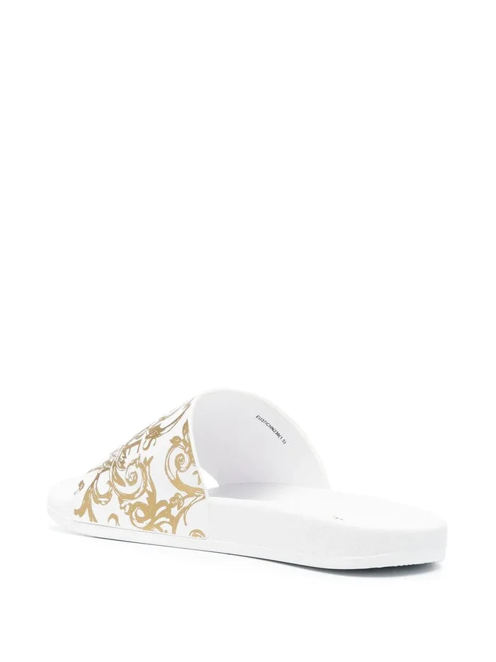 VERSACE WOMEN Baroque Print Sliders White/Gold - MAISONDEFASHION.COM