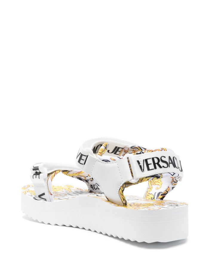 VERSACE WOMEN Baroque Logo Print Sandals White/Gold - MAISONDEFASHION.COM