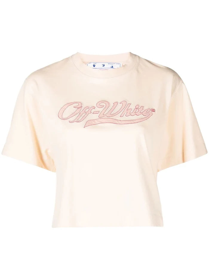 OFF-WHITE WOMEN Baseball Embroidered Crop T-Shirt Nude - MAISONDEFASHION.COM