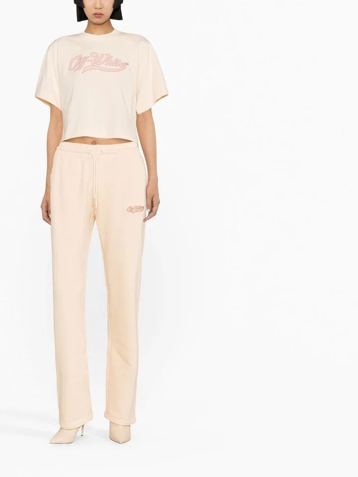 OFF-WHITE WOMEN Baseball Embroidered Crop T-Shirt Nude - MAISONDEFASHION.COM