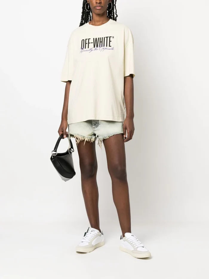OFF-WHITE WOMEN Big Logo Opposite Over Tee Beige/Black - MAISONDEFASHION.COM