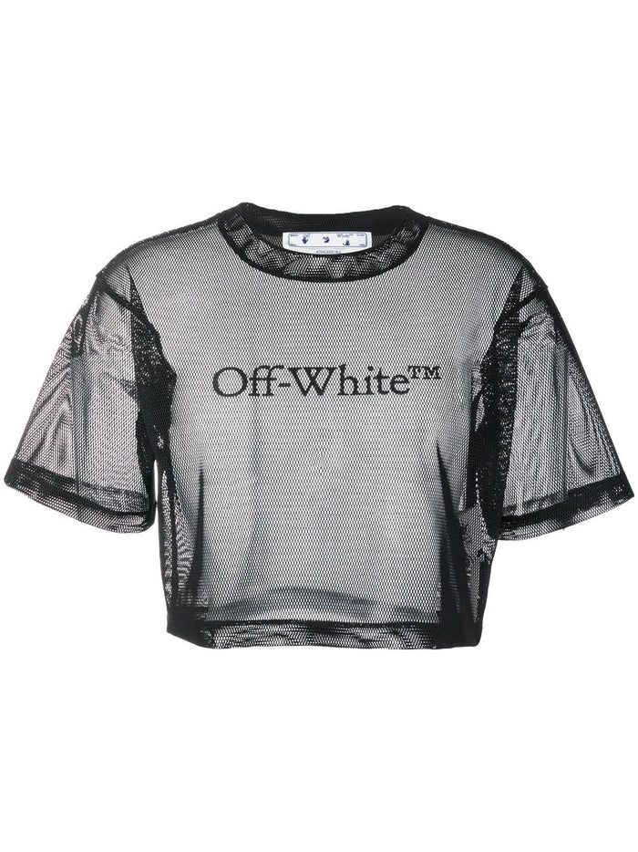 OFF-WHITE WOMEN Bookish Mesh Crop Tee Black - MAISONDEFASHION.COM