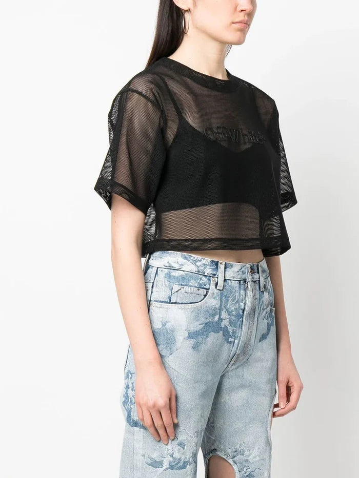OFF-WHITE WOMEN Bookish Mesh Crop Tee Black - MAISONDEFASHION.COM