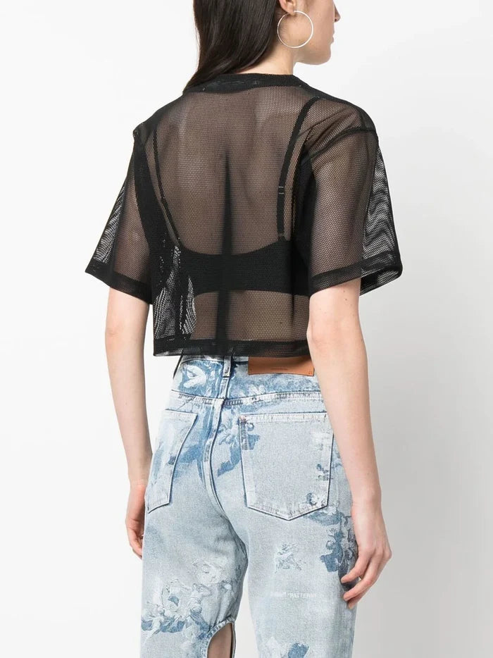 OFF-WHITE WOMEN Bookish Mesh Crop Tee Black - MAISONDEFASHION.COM