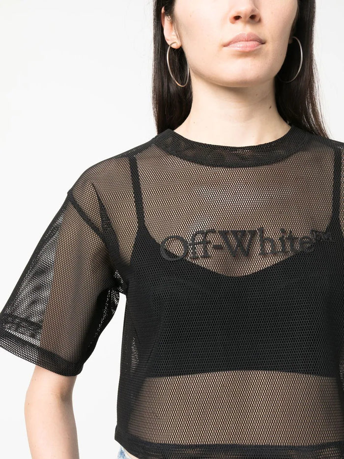 OFF-WHITE WOMEN Bookish Mesh Crop Tee Black - MAISONDEFASHION.COM
