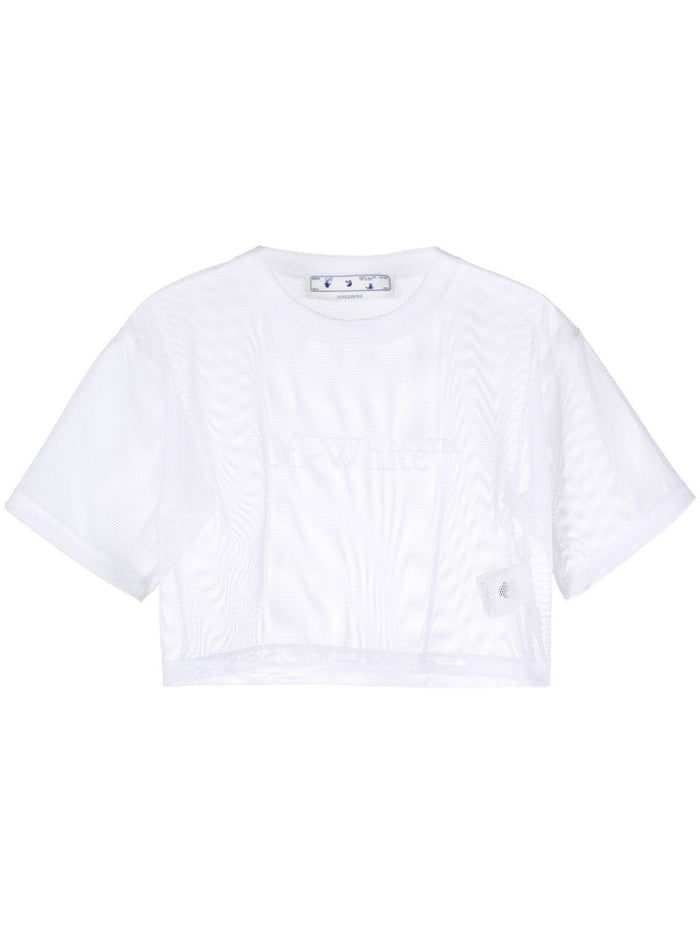 OFF-WHITE WOMEN Bookish Mesh Crop Tee White - MAISONDEFASHION.COM