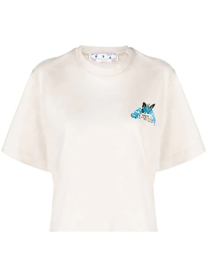 OFF-WHITE WOMEN Butterfly Embroidered Crop T-Shirt Grey/Light Blue - MAISONDEFASHION.COM