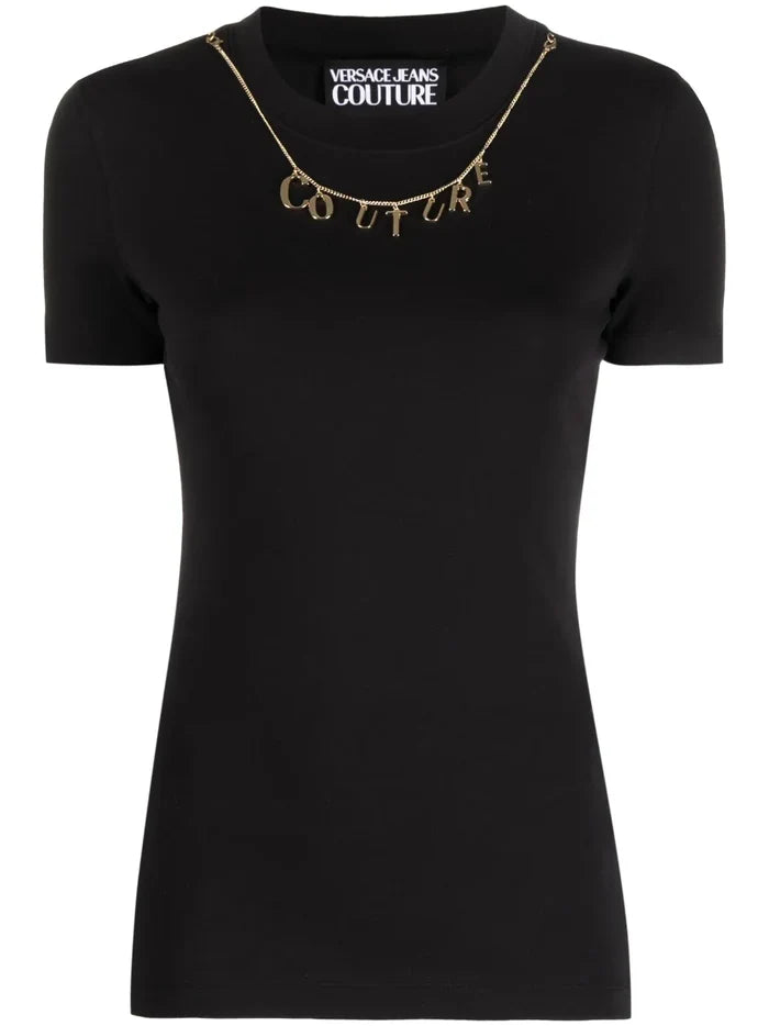 VERSACE WOMEN Couture Logo Charms Cotton T-Shirt Black - MAISONDEFASHION.COM