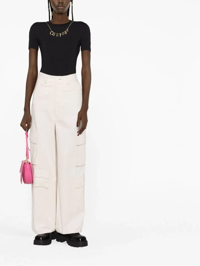 VERSACE WOMEN Couture Logo Charms Cotton T-Shirt Black - MAISONDEFASHION.COM