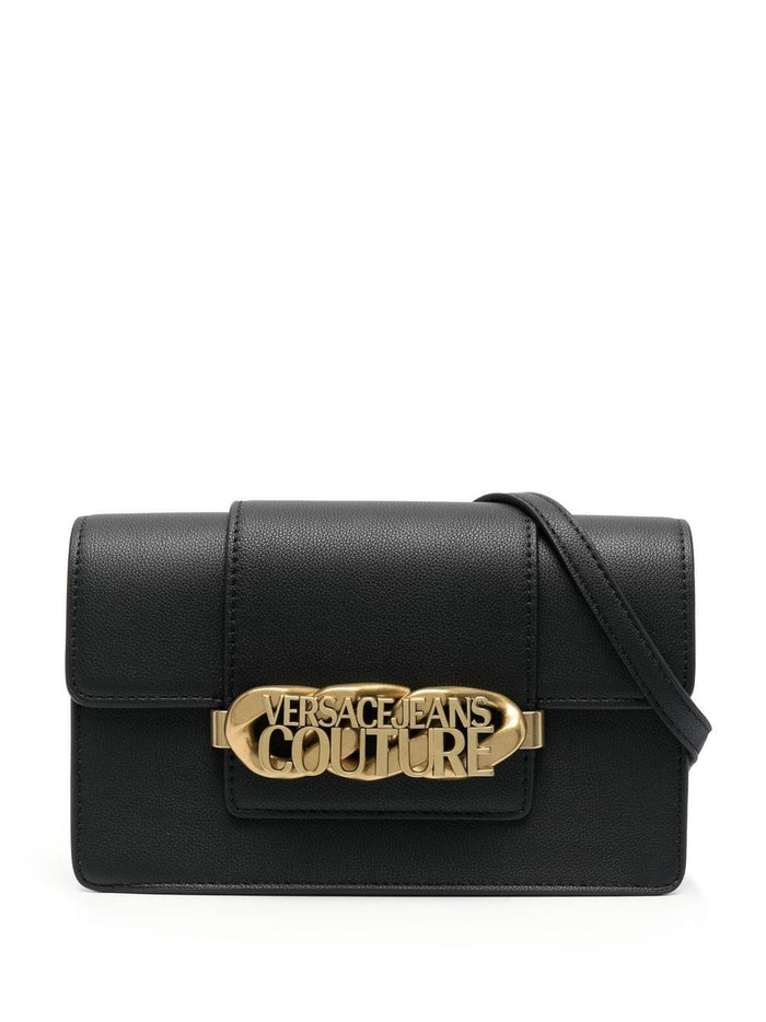 VERSACE WOMEN Logo Chain Crossbody Bag Black/Gold - MAISONDEFASHION.COM