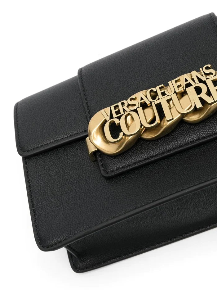 VERSACE WOMEN Logo Chain Crossbody Bag Black/Gold - MAISONDEFASHION.COM