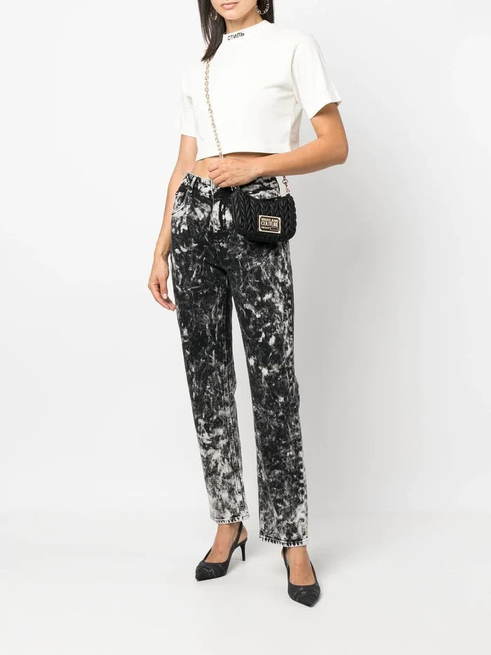 VERSACE WOMEN Logo Plaque Crunchy Crossbody Bag Black/Gold - MAISONDEFASHION.COM