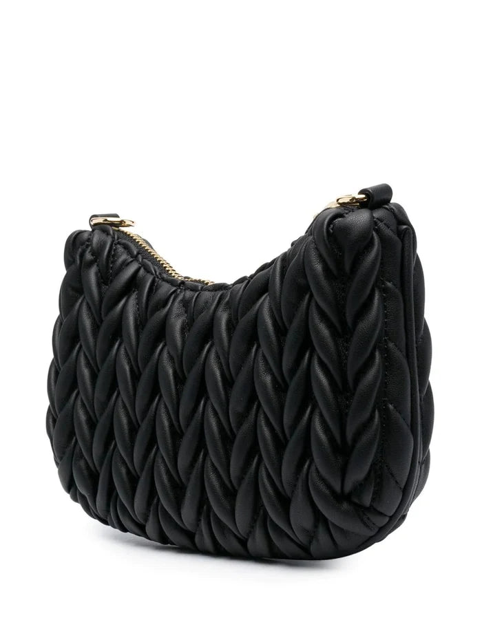 VERSACE WOMEN Logo Plaque Crunchy Crossbody Bag Black/Gold - MAISONDEFASHION.COM