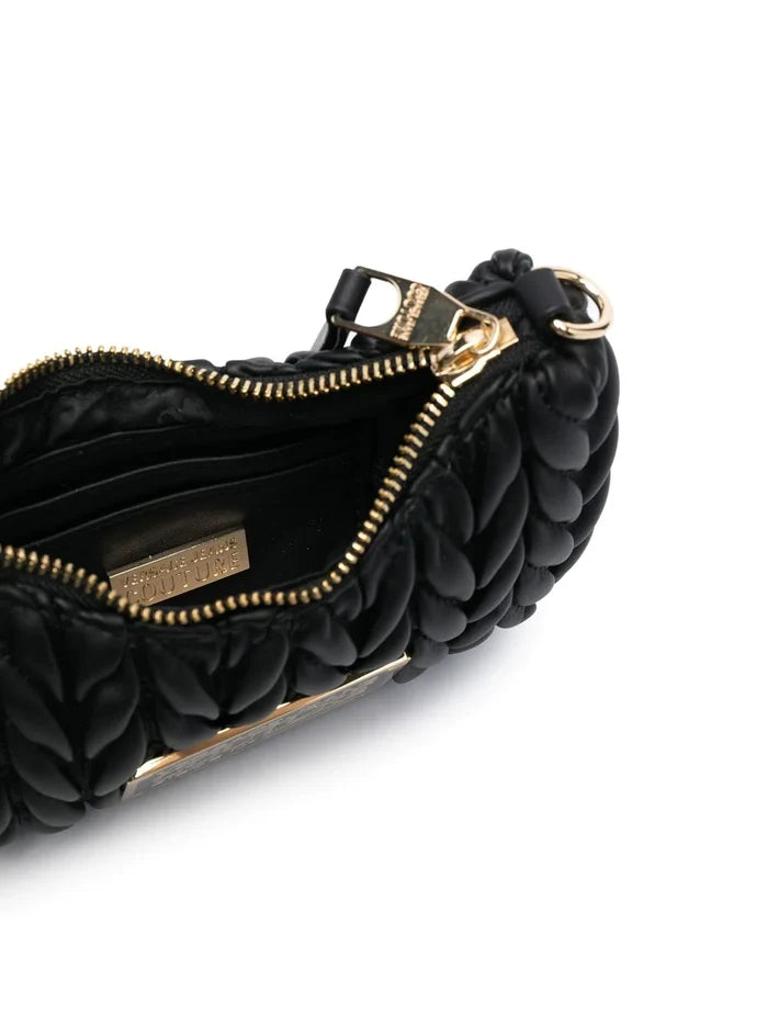 VERSACE WOMEN Logo Plaque Crunchy Crossbody Bag Black/Gold - MAISONDEFASHION.COM