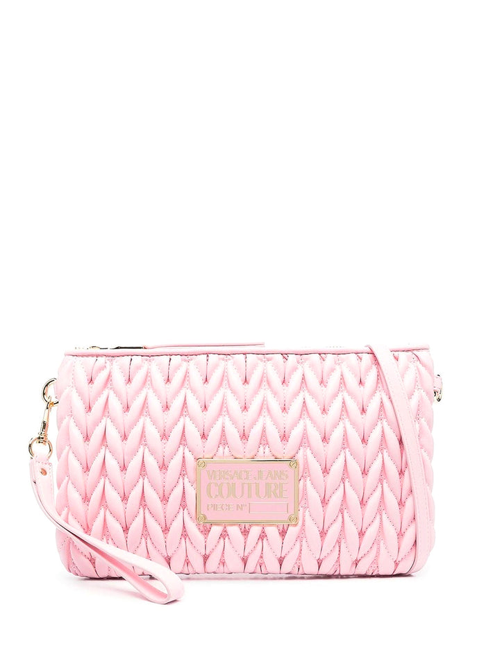 VERSACE WOMEN Logo Plaque Crunchy Quilted Crossbody Bag Pink/Gold - MAISONDEFASHION.COM