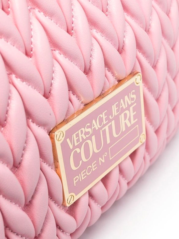 VERSACE WOMEN Logo Plaque Crunchy Quilted Crossbody Bag Pink/Gold - MAISONDEFASHION.COM