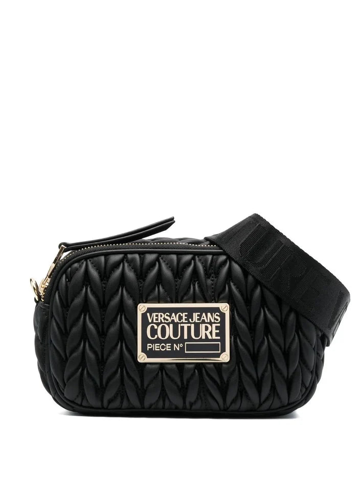 VERSACE WOMEN Logo Plaque Leather Bags Black/Gold - MAISONDEFASHION.COM
