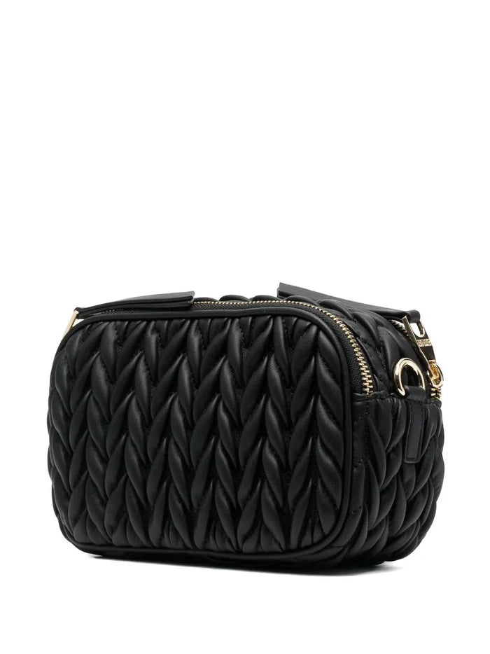 VERSACE WOMEN Logo Plaque Leather Bags Black/Gold - MAISONDEFASHION.COM