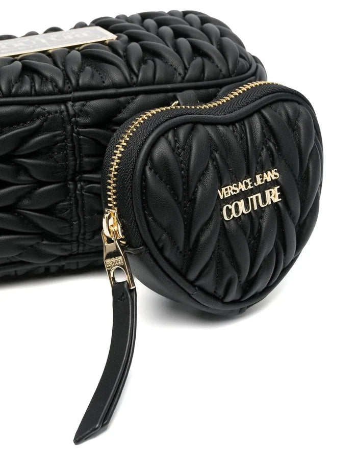 VERSACE WOMEN Logo Plaque Leather Bags Black/Gold - MAISONDEFASHION.COM