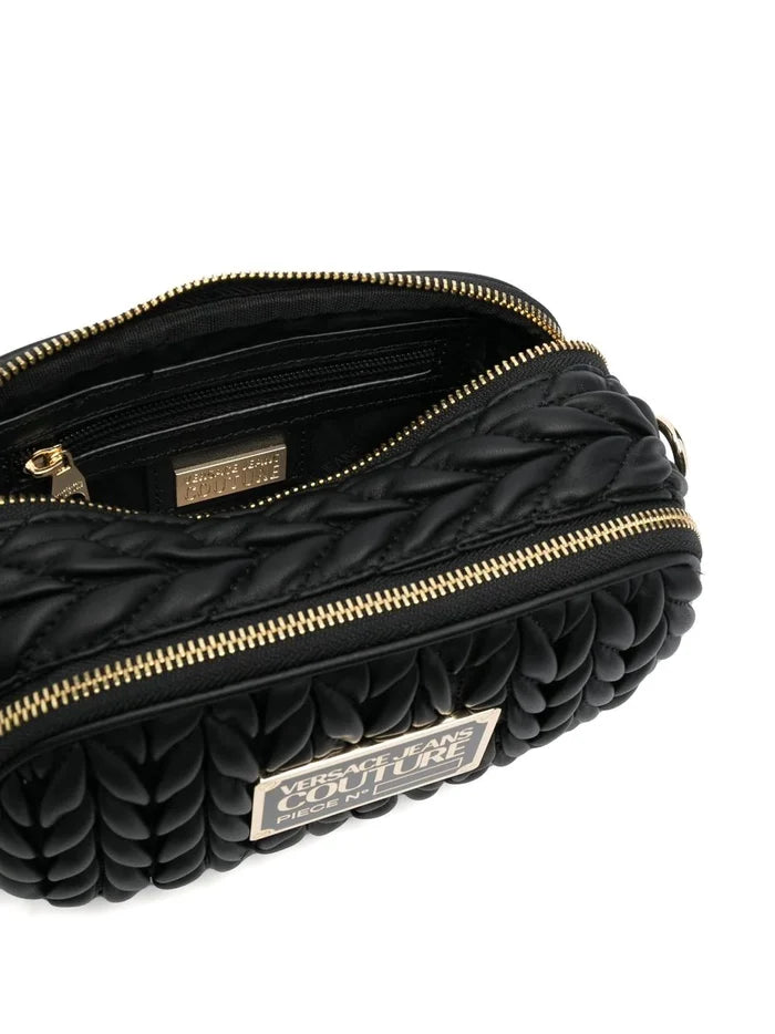 VERSACE WOMEN Logo Plaque Leather Bags Black/Gold - MAISONDEFASHION.COM