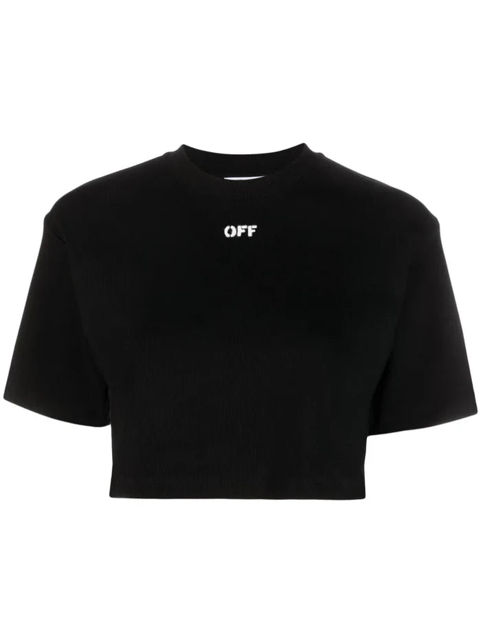 OFF-WHITE WOMEN Logo Print Cropped Top Black/White - MAISONDEFASHION.COM
