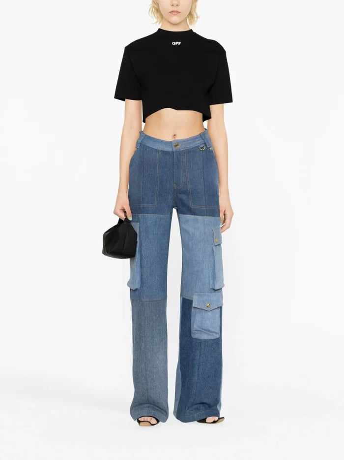OFF-WHITE WOMEN Logo Print Cropped Top Black/White - MAISONDEFASHION.COM
