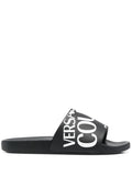 VERSACE WOMEN Logo Print Sliders Black/White - MAISONDEFASHION.COM