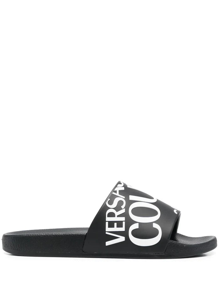 VERSACE WOMEN Logo Print Sliders Black/White - MAISONDEFASHION.COM