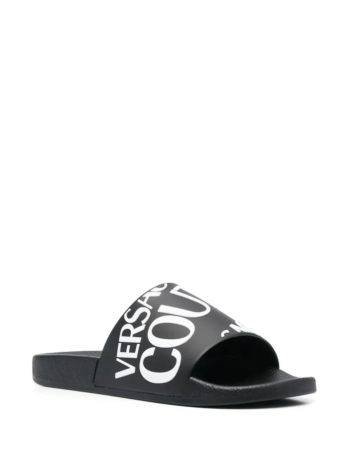 VERSACE WOMEN Logo Print Sliders Black/White - MAISONDEFASHION.COM