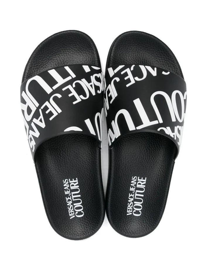 VERSACE WOMEN Logo Print Sliders Black/White - MAISONDEFASHION.COM