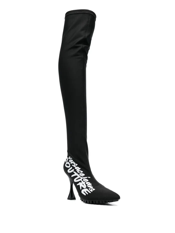 VERSACE WOMEN Logo Print Thigh Heeled Boots Black - MAISONDEFASHION.COM