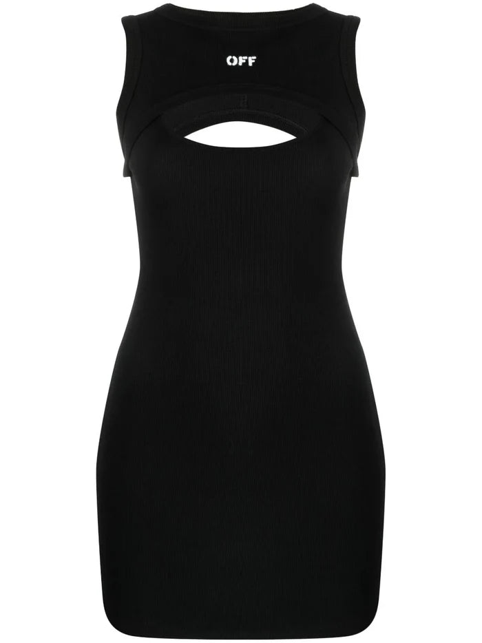 OFF-WHITE WOMEN OFF Stamp Ribbed Round Mini Dress Black/White - MAISONDEFASHION.COM