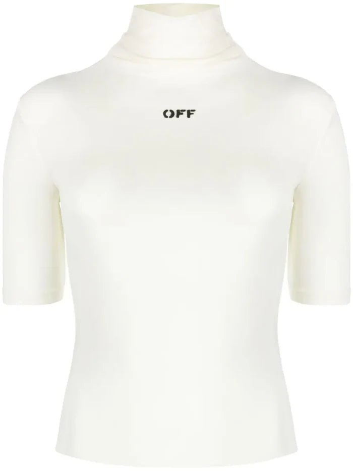 OFF-WHITE WOMEN OFF Stamp S/S Turtleneck Top White/Black - MAISONDEFASHION.COM