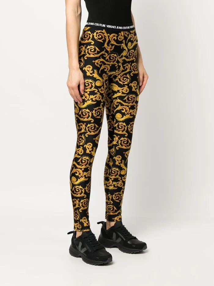 VERSACE WOMEN Sketch Couture Print Leggings Black/Gold - MAISONDEFASHION.COM