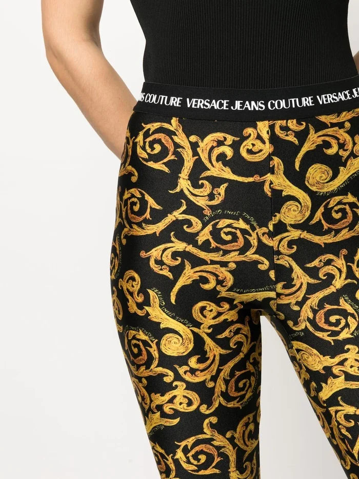 VERSACE WOMEN Sketch Couture Print Leggings Black/Gold - MAISONDEFASHION.COM