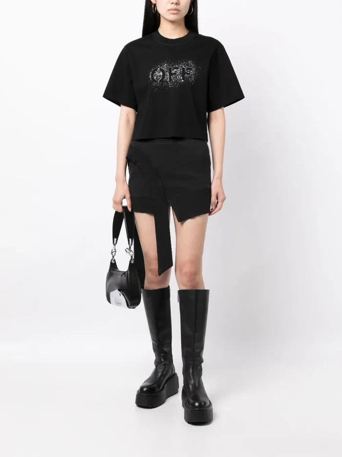 OFF-WHITE WOMEN OFF Stencil Crop T-Shirt Black/White - MAISONDEFASHION.COM