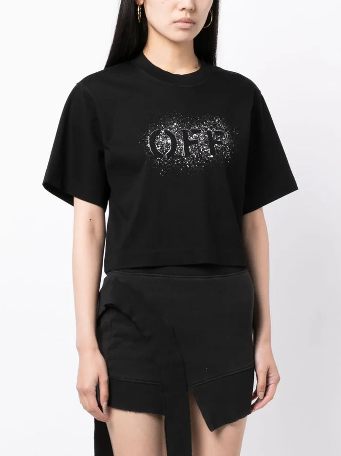 OFF-WHITE WOMEN OFF Stencil Crop T-Shirt Black/White - MAISONDEFASHION.COM