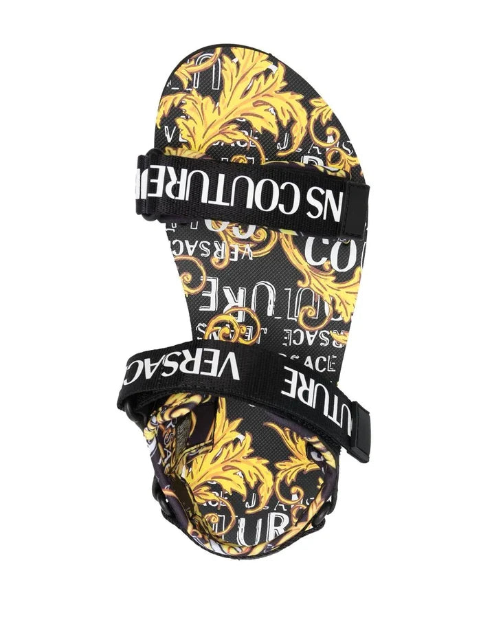 VERSACE WOMEN Baroque Logo Print Sandals Black/Gold - MAISONDEFASHION.COM